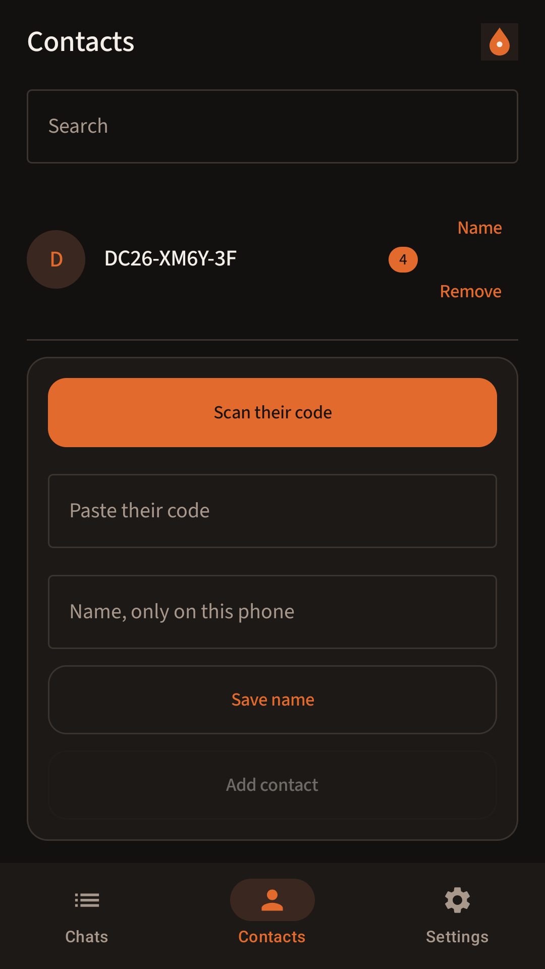 Safehouse contacts screen: contacts by public code, no phone numbers.