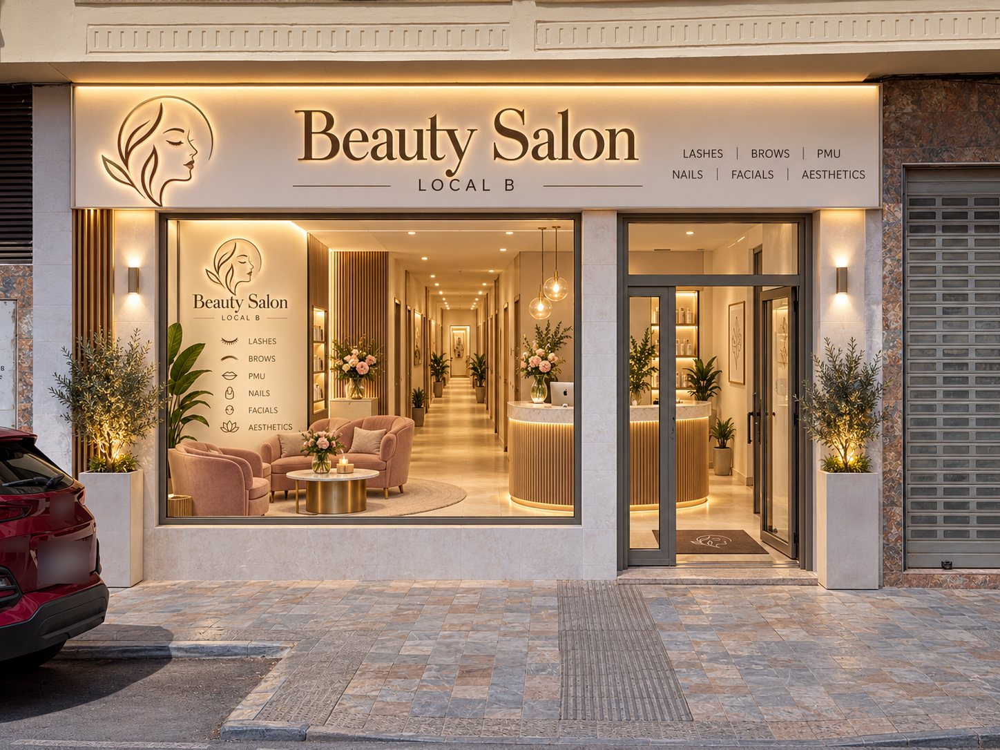 The beauty salon shopfront at dusk, a lit Beauty Salon · Local B sign above the window.
