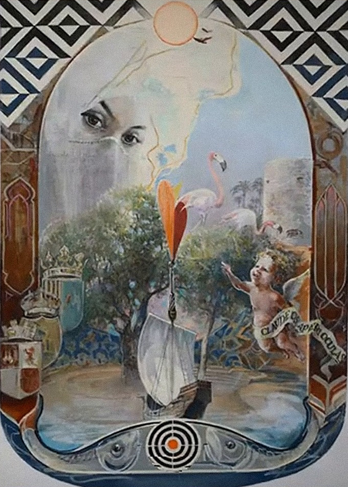 Painting No. 1 from Impressive Secret, by a local artist: a sailing ship, flamingos, an old watchtower and a target, under an arched sky.
